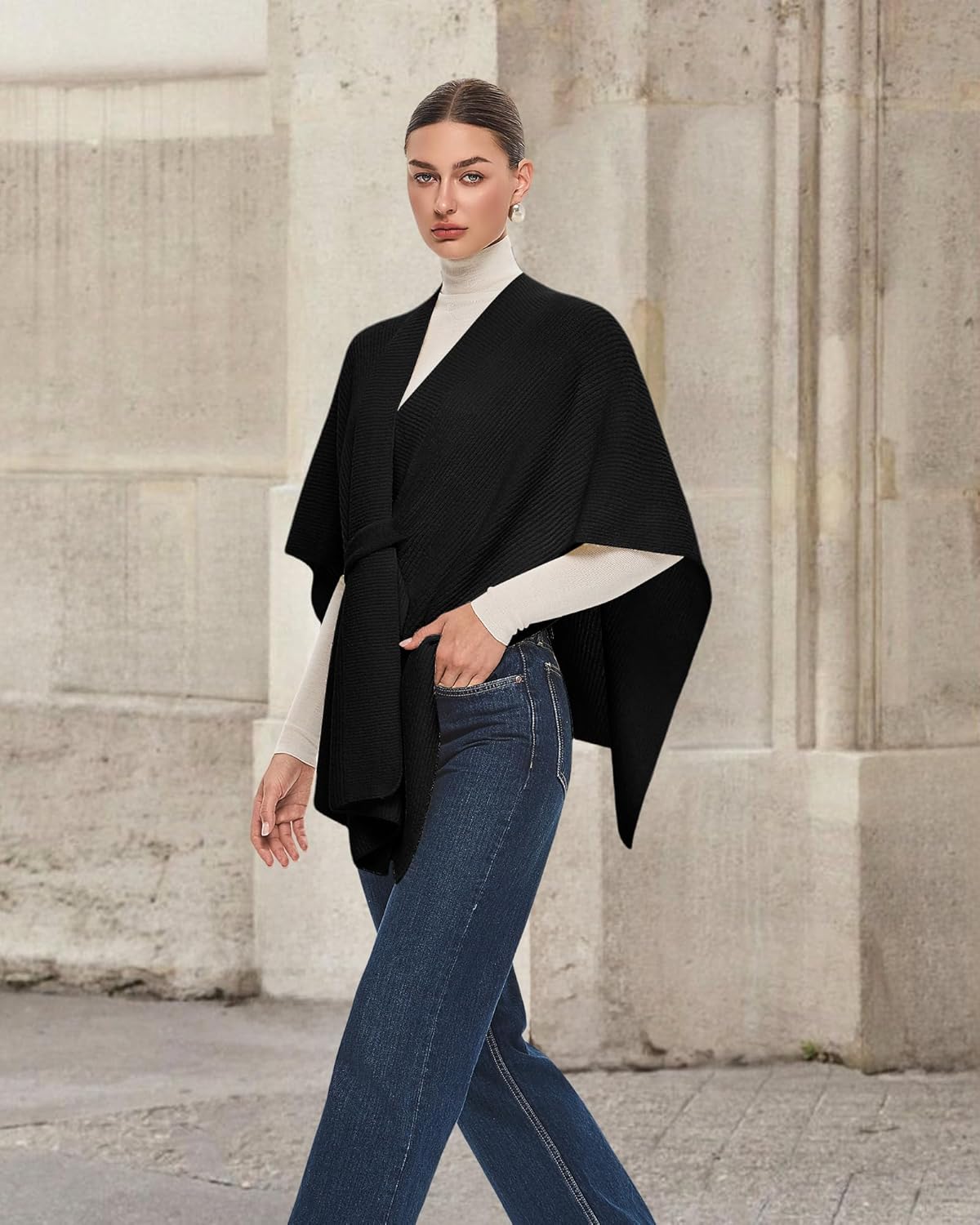 PULI Womens Crossover Front Shawl Wraps Casual Warm Knit Travel Poncho Shawls for Fall Winter - Image 2