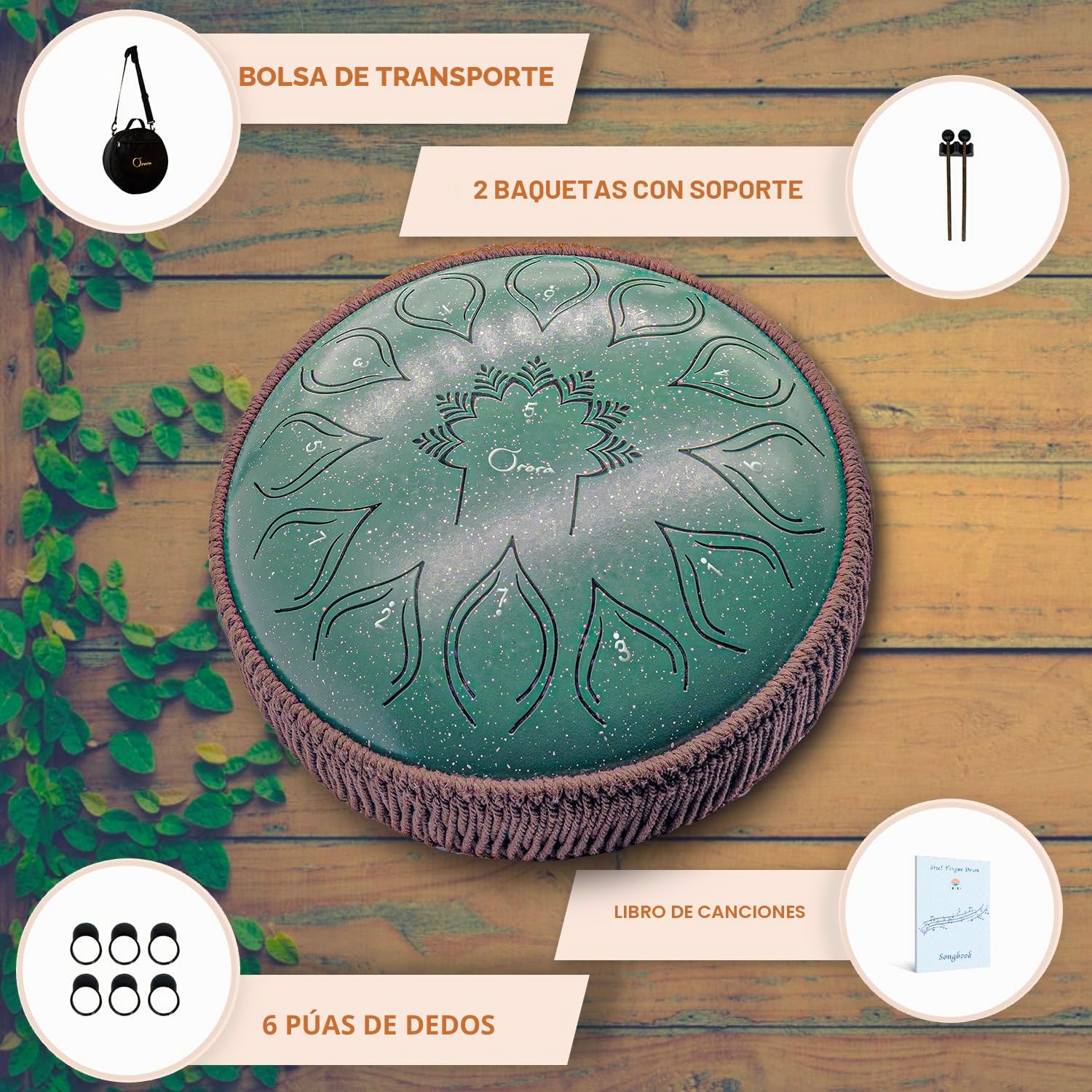 ORORA Handpan Steel Tongue Drum (12 pulgadas 13 notas) – Instrumento musical infantil y adulto – Tambor zen y meditación – Ebook de 20 partituras – Regalo original de relajación