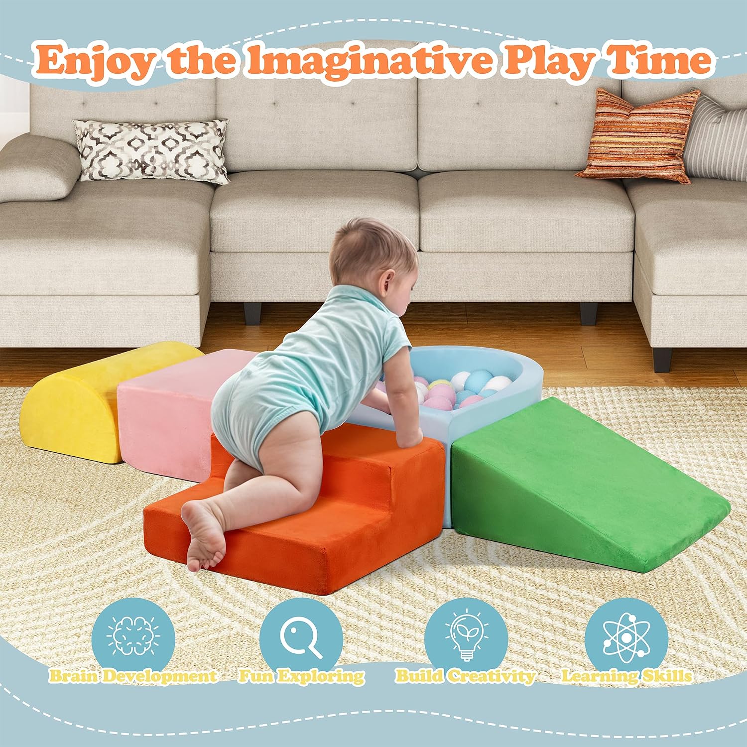 JY QAQA 5Pcs Soft Foam Toddler Climbing Toy Set, Foam Climbing Blocks with Ball Pit for Toddlers 1-3 Years Old,Indoor Play Set for Crawling and Scooting (Balls Not Included)