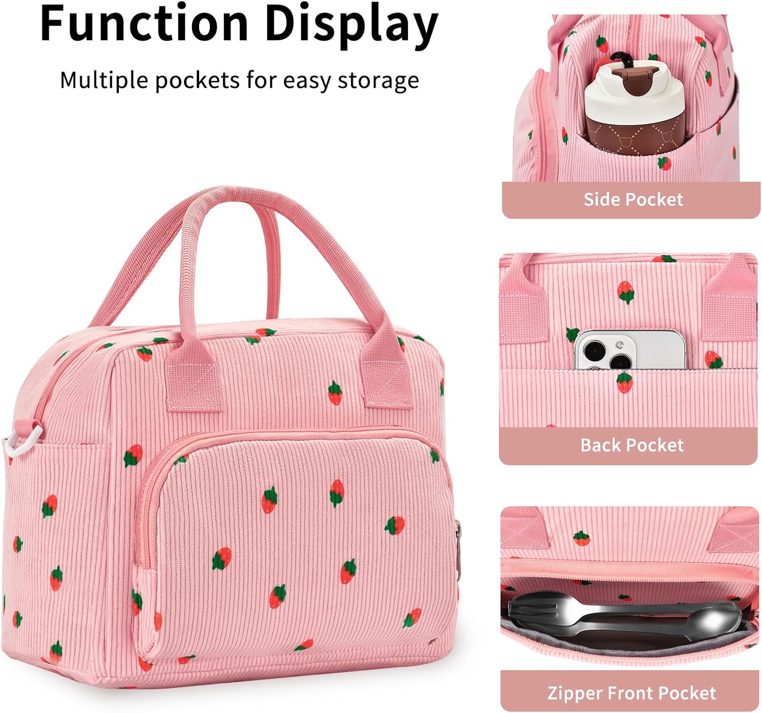 Lunch Bag Women Lunch Box for Women Adult Cute Insulated Lunch Bag Lager Cooler Lunch Tote Bags for Work Picnic (Pink-Strawberry) - Image 6