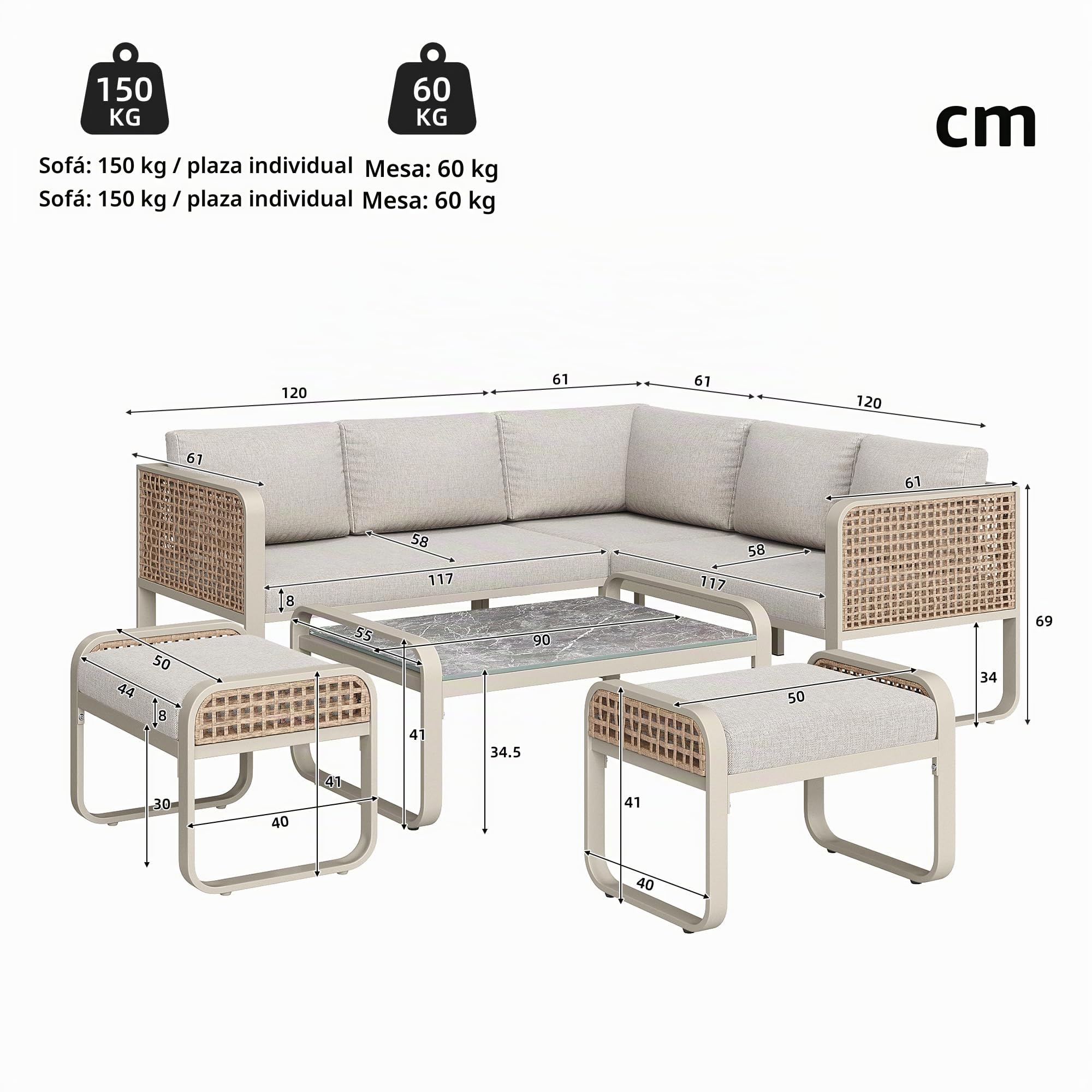 Conjunto de Muebles de Jardín Exterior 6 Piezas, Juego de Muebles de Jardín, Conjunto de Sofás de Exterior con 2 Sofá de 2 Plazas, 1 Sofá Esquinero, 2 Banco y 1 Mesa, Beige