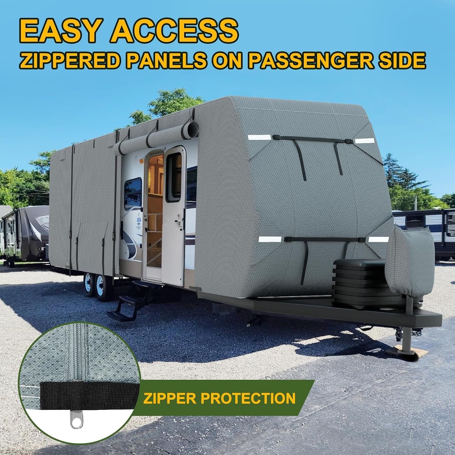Mofeez Travel Trailer RV Covers 33-35 ft, Extra-Thick Upgraded 7 Layers Camper Cover Windproof Waterproof Rip-Stop RV Covers with Adhesive Repair Patches, 2Pcs Extra Straps & 4 Tire Covers
