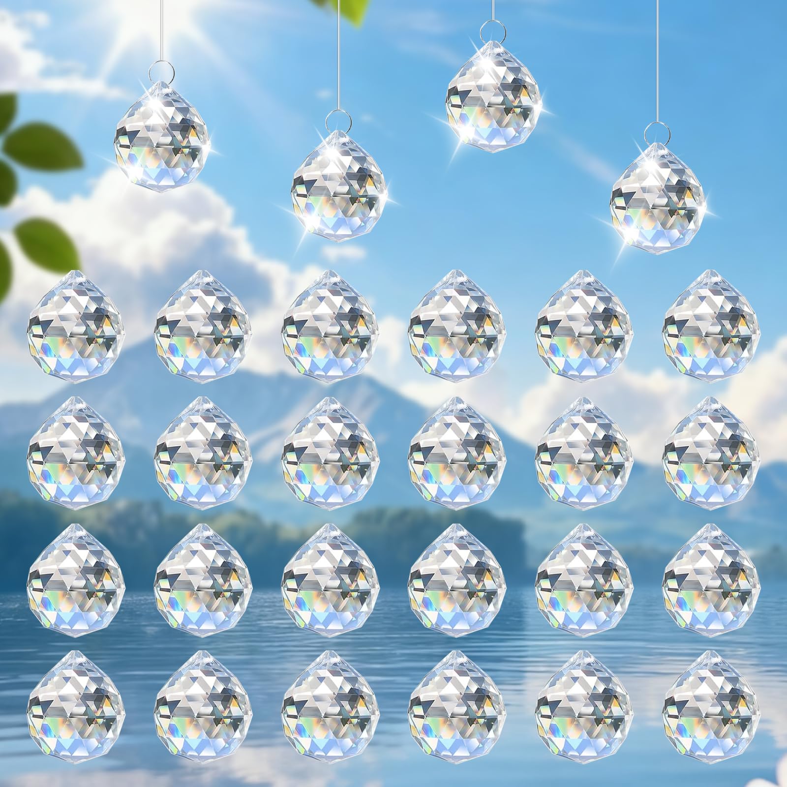 24 Pezzi Acchiappasole, 20mm Acchiappasole Cristallos, Acchiappa-Sole in Cristallo, Prisma Sfera di Cristallo, per Lampadari, Soffitto, Giardini, Delle Nozze, con Filo Trasparente