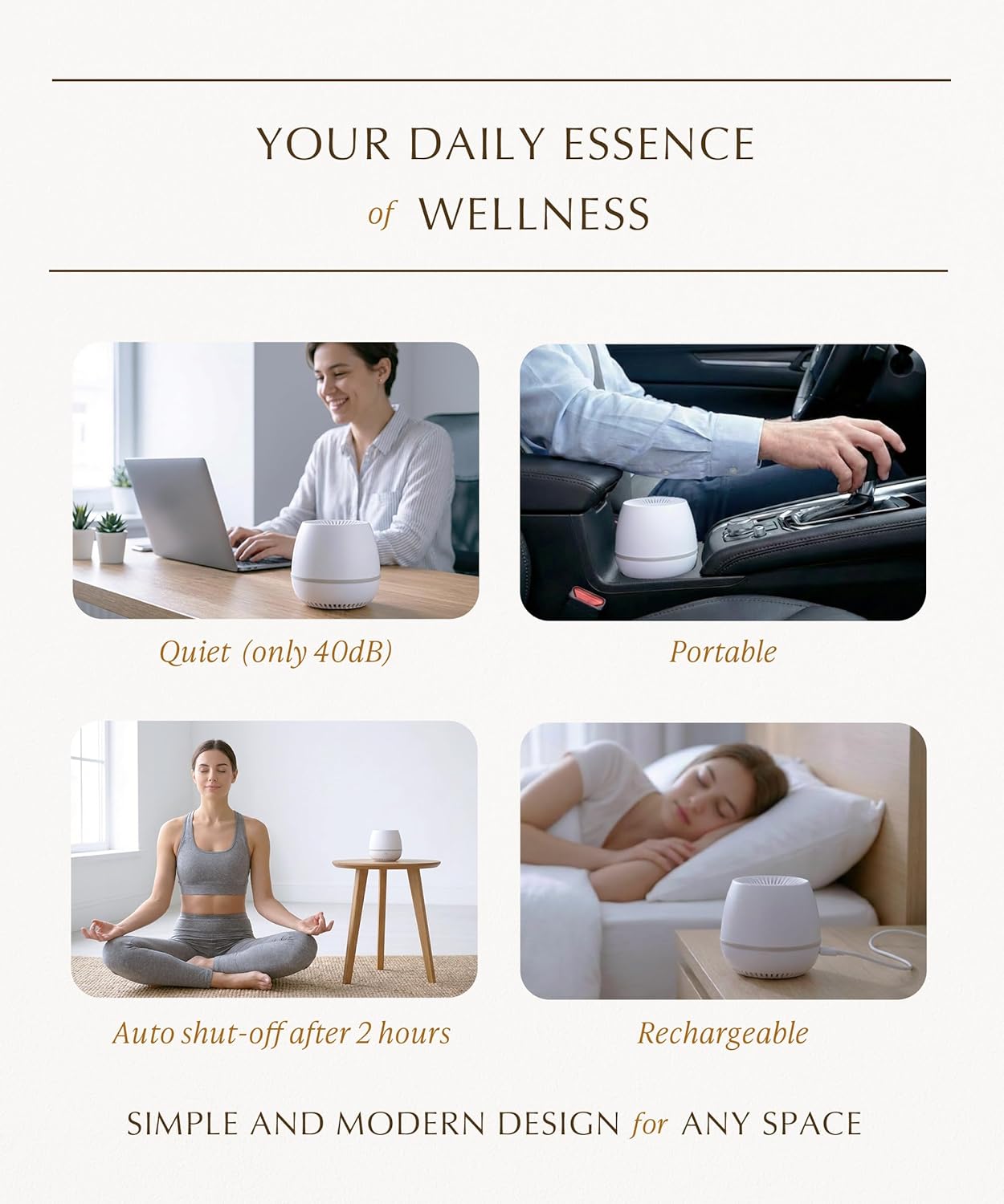 Waterless Diffuser Starter Kit (Jasmine Essential Oil), Gift, Car Air Freshener - Cordless, Rechargeable Battery, Small, Quiet, Adjustable Scent Level & Light - 200 sqft Small Home, Office