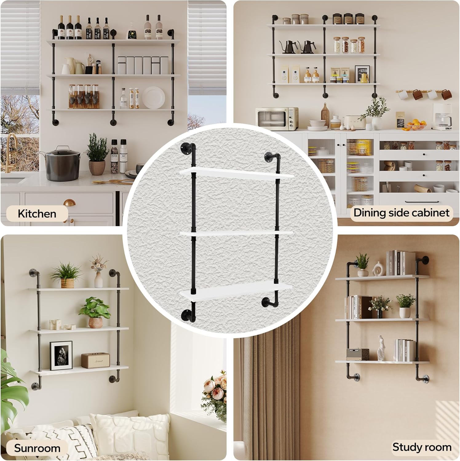 3-Tier Industrial Pipe Floating Shelf – Rustic 24 inch Wood Wall-Mounted Storage Shelf for Kitchen Office,Bathroom & Home Decor -White