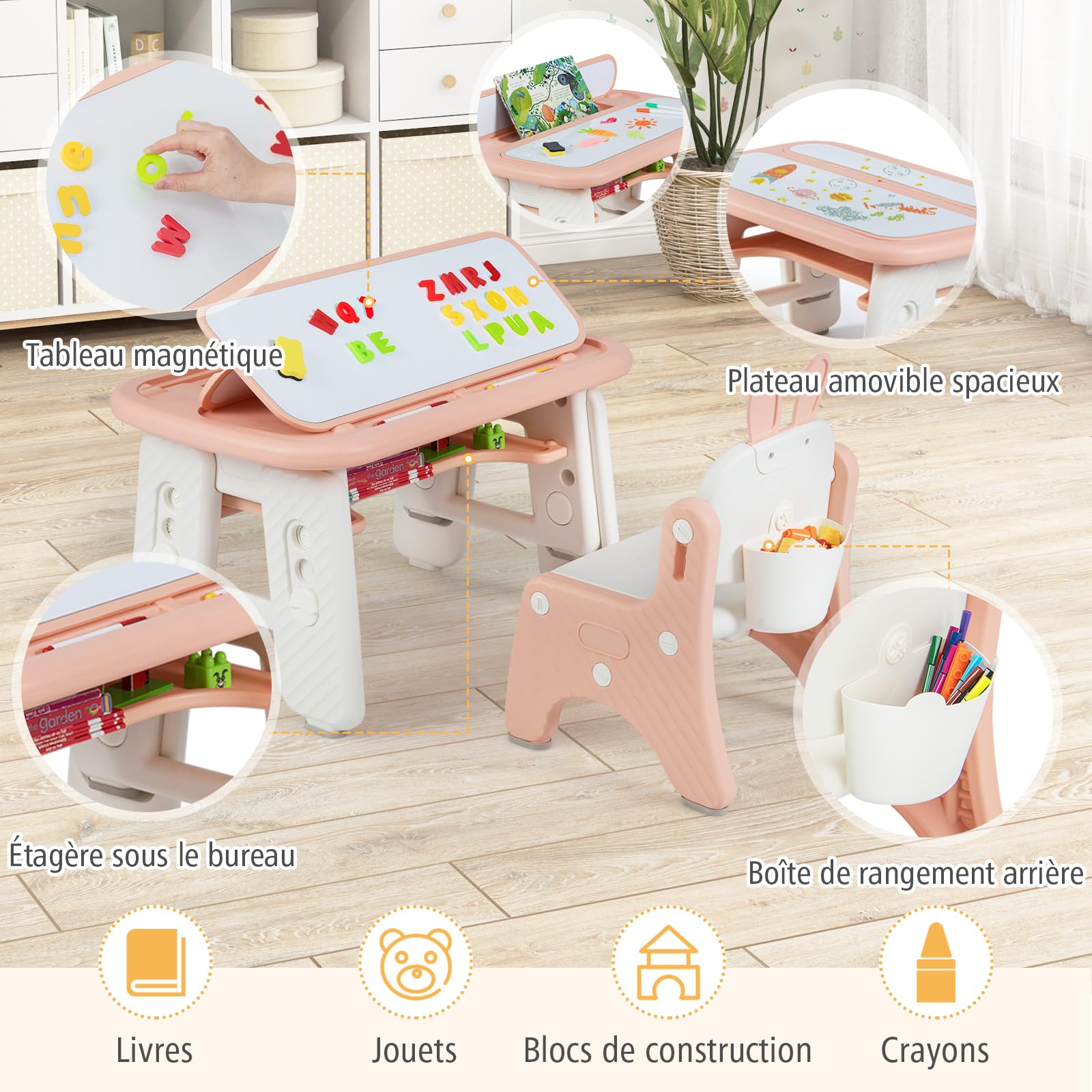 GOPLUS Table Enfant avec Chaise, Table de Dessin avec 2 Plateaux Réversibles, Tableaux Magnétiques, Panier de Rangement, Bureau d'Activités pour Lire, Dessiner, Manger (Rose)