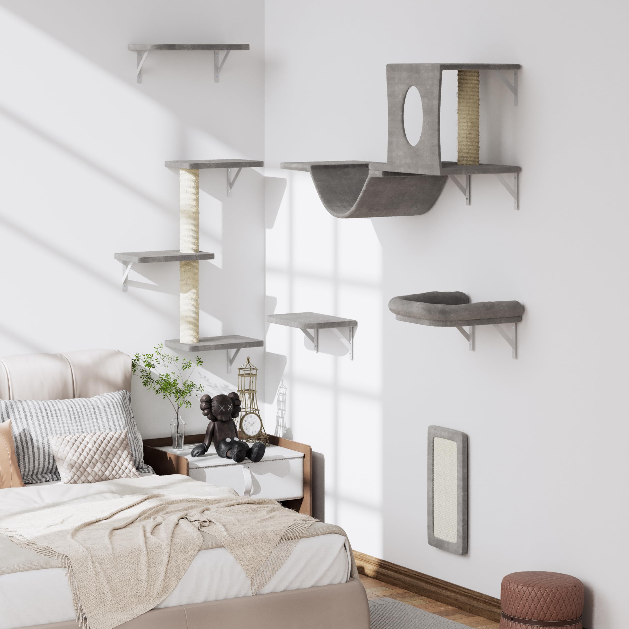 Wall Mounted Cat Climbing Frame, 6pc Cat Wall Furniture, Cat Climber with Cat House, Bridge, Tree, Steps, and Scratcher, DIY Cat Walls Playground, Cat Shelves for Indoor Wall Furniture Set