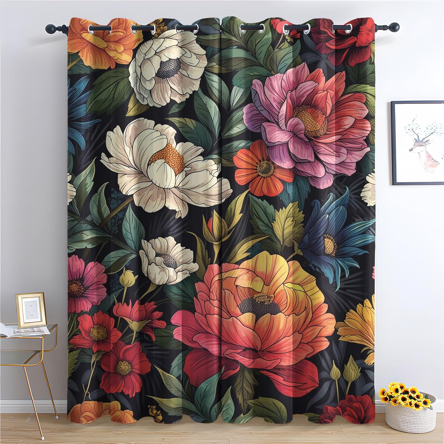 Peony Flower Kitchen Curtains 2 Panels, Retro Flower Blackout Curtains Thermal Insulated Small Window Curtains, Botanical Floral Garden Drapes Grommet for Bedroom Living Room, 30" W x 36" L