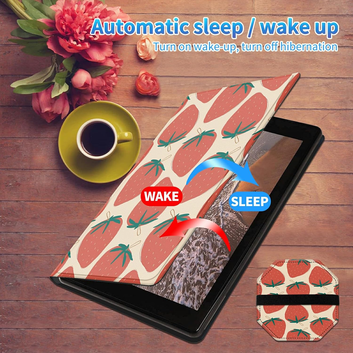 Slim Case for All-New 6" Kindle (11th Gen, 2024/2022 Release E-Reader) + 1 Screen Clean Pad, Multi-Angle Kickstand Cover with Auto Wake/Sleep Case, Strawberry