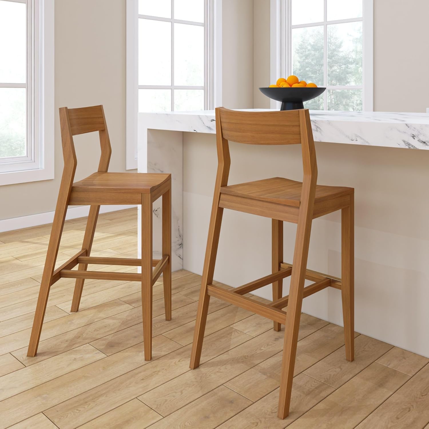 Plank+Beam Modern Bar Height Chairs, 44 Inch, Set of 2 Solid Wood Dining Chairs for Home Bar, Kitchen, Contemporary Seating for Dining Room, Blonde