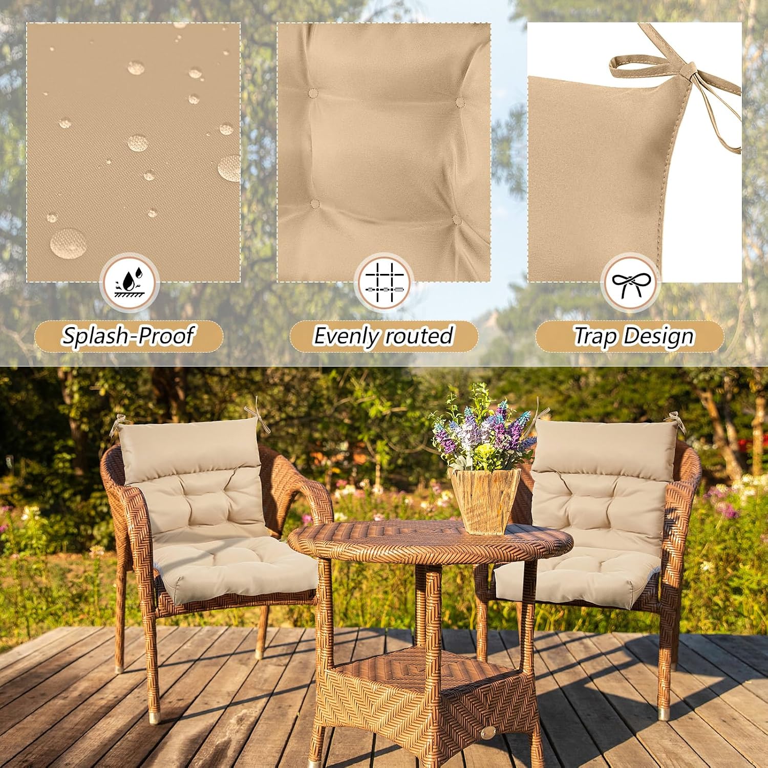 Sintuff 4 Pcs 44 x 21 x 4 Outdoor Chair Cushion Patio Chair Cushions Seat/Back Tufted Pillow with Ties Water Resistant Replacement Indoor Patio Furniture Outdoor Furniture (Solid Color,Beige)