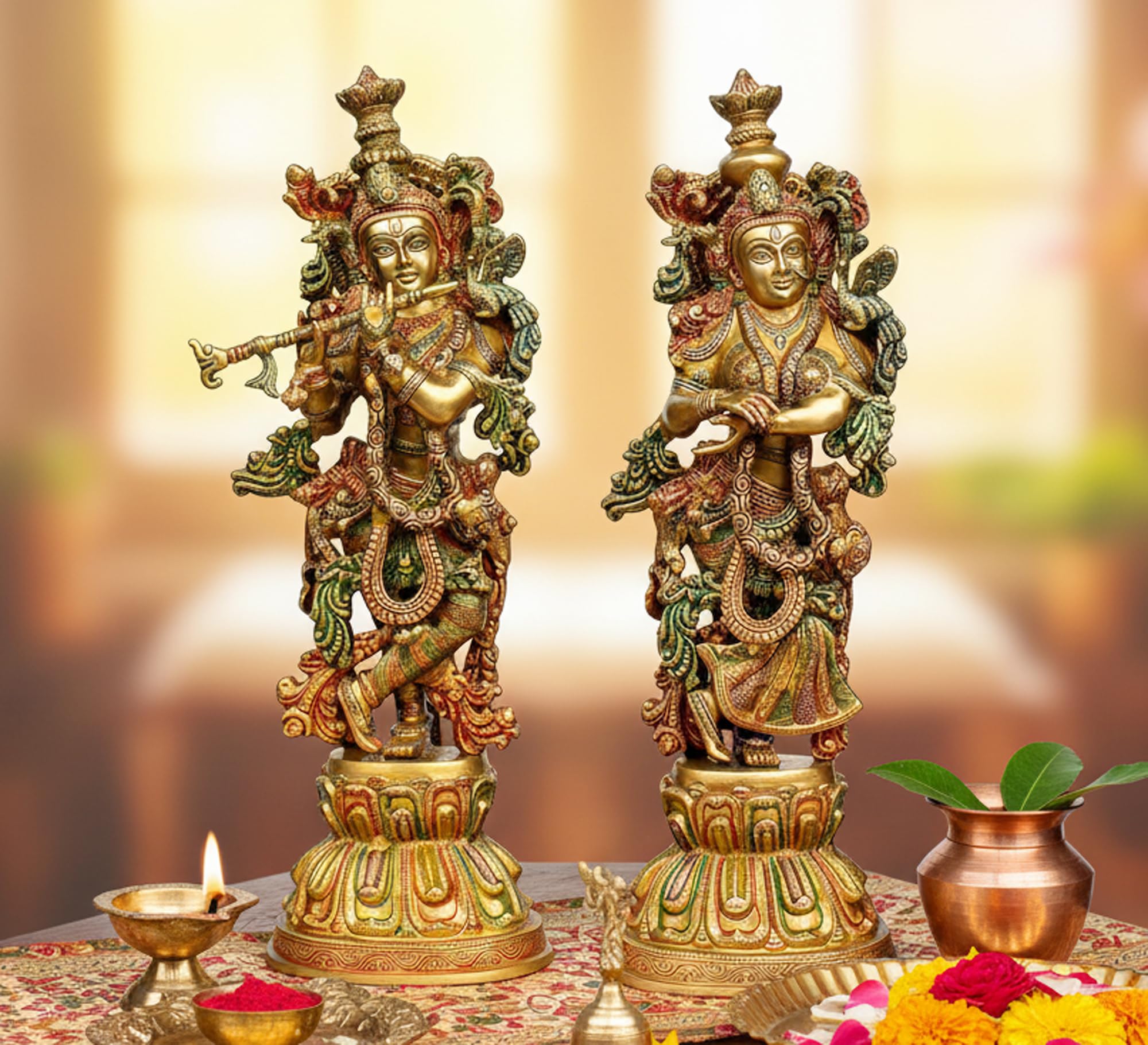 Esplanade - Brass Radha Krishna - Big Size - Pair of Brass Radha Kishan Krishna Murti Idol Statue Sculpture (21") (Big Radha Krishna Colored)