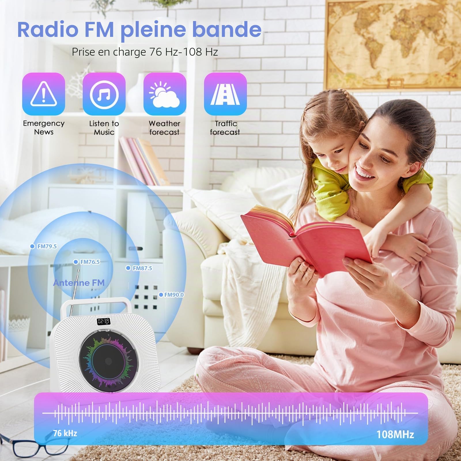 Lecteur de CD Bluetooth Lecteur CD de Bureau avec Haut-parleurs Lecteur CD Enfant supporte Les USB/TF/AUX Lecture Réveil Minuteur avec télécommande Housse de Protection Ecran Prise Casque