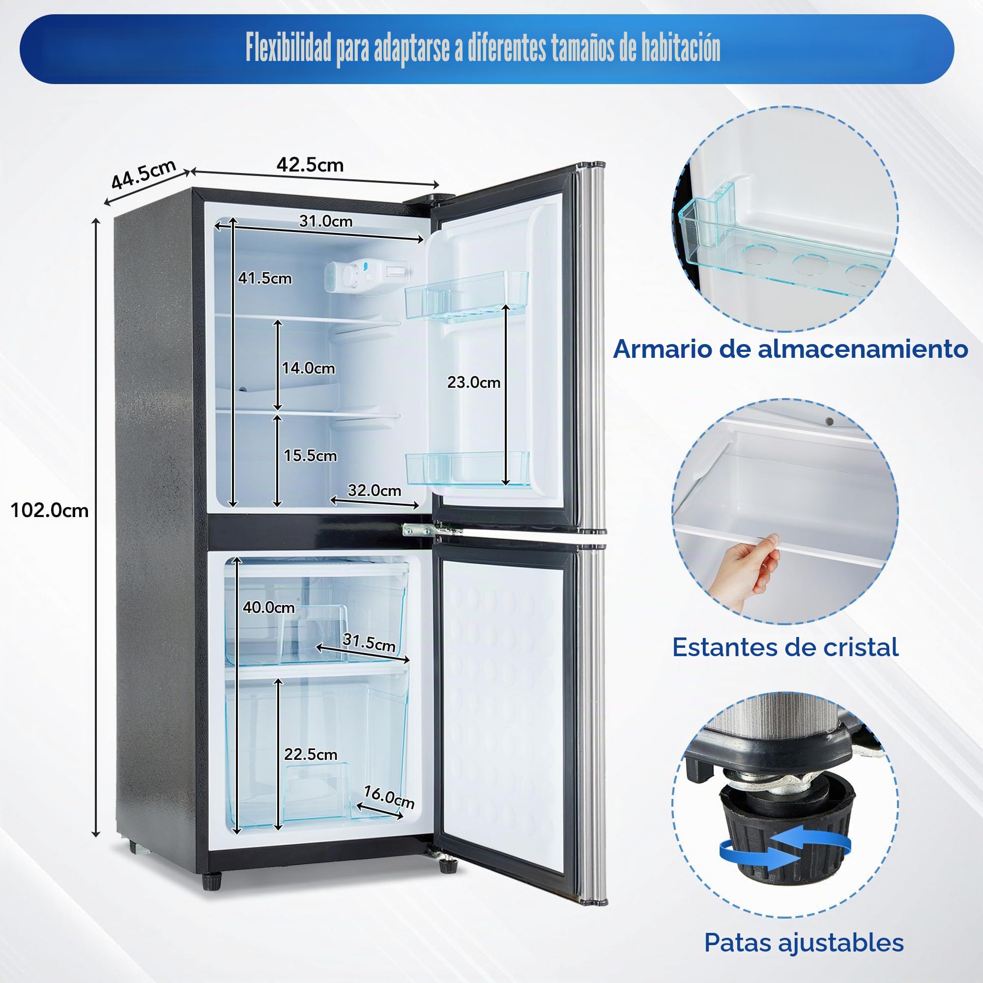 Merax Frigorífico con congelador de 106 L, nevera con congelador de 60 L, congelador de 46 L, 7 ajustes de temperatura, iluminación LED, estantes ajustables, silencioso, 45 dB, gris plateado