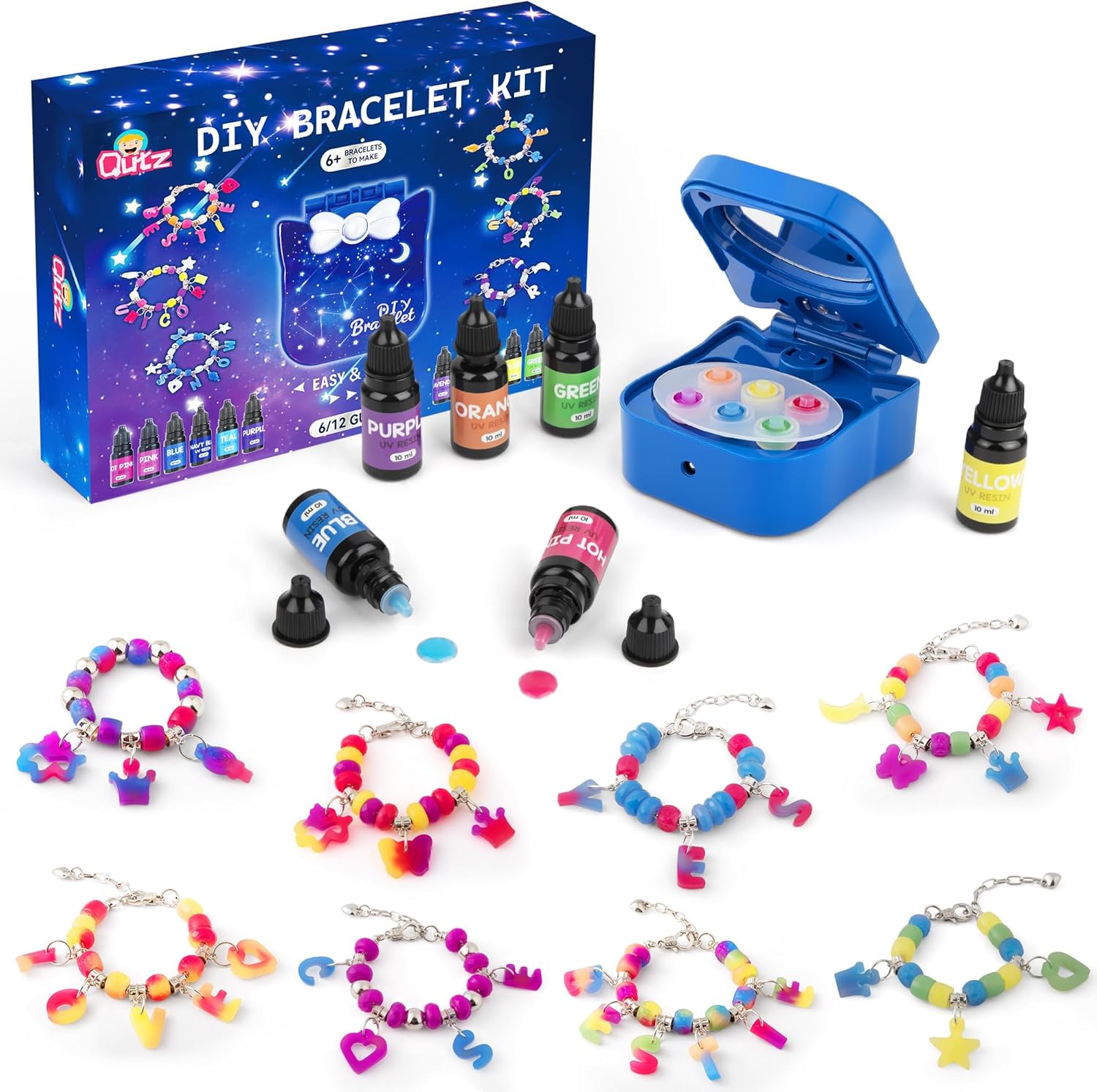 QuTZ Bracelet Making Kit, Making Your Own Beads and Charms with the UV Resins and Curing Station, Design Your Own Kpop & Friendship Bracelets, Jewelry Making Kit for Girls 6+ (12 Glue Set)