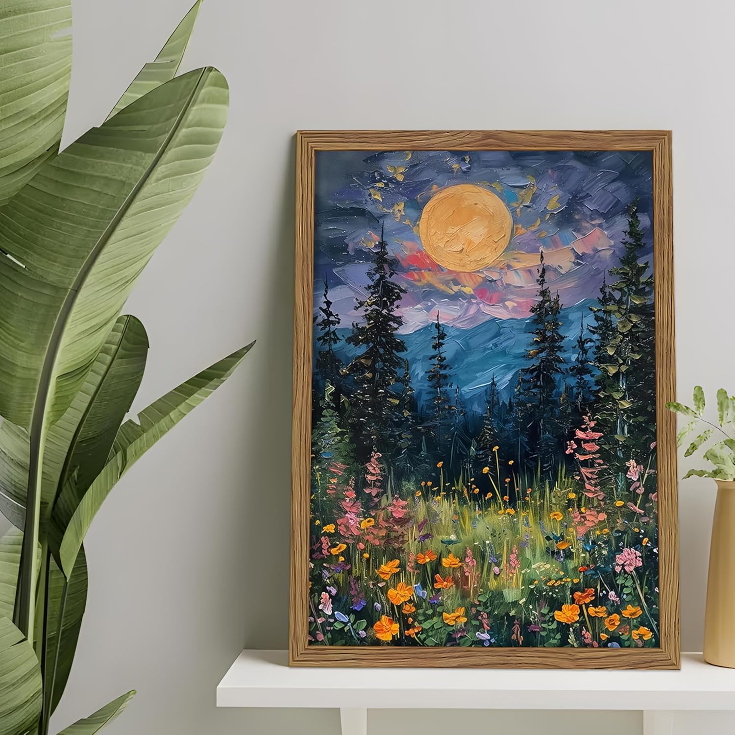 Framed Nature Forest Canvas Wall Art, Full Moon above Wildflowers and Woodland Painting, Midnight Floral Trees Art Print, Farmhouse Nature Wall Decor for Bedroom Living Room 12x16 inch