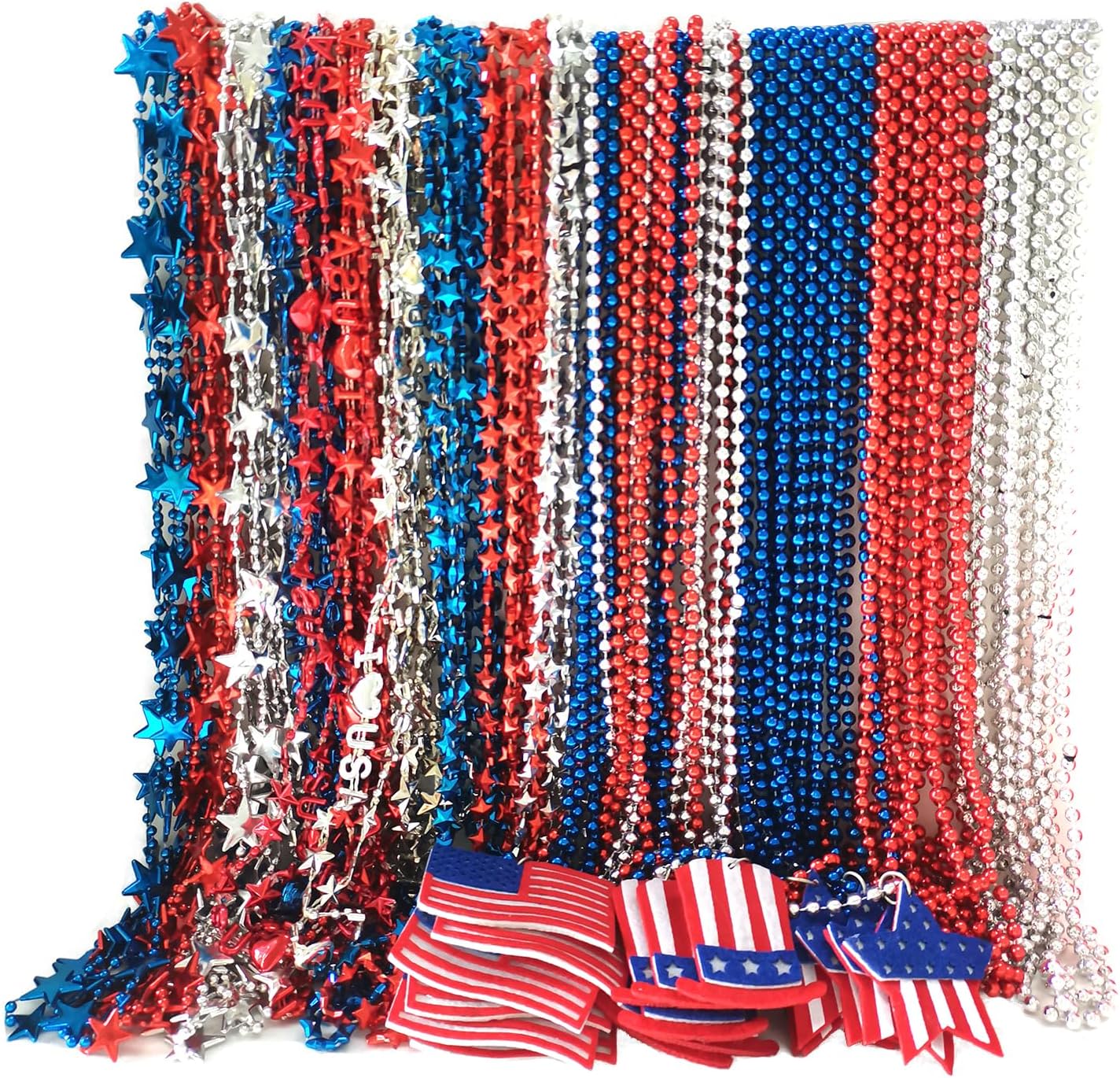 200 Pcs 4th of July Beads Necklaces Bulk, Red Blue Silver Patriotic Beaded Necklaces Parade Necklaces For Independence Day, 4th of July Decoration, Veteran Day Decoration