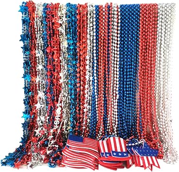 200 Pcs 4th of July Beads Necklaces Bulk, Red Blue Silver Patriotic Beaded Necklaces Parade Necklaces For Independence Day, 4th of July Decoration, Veteran Day Decoration