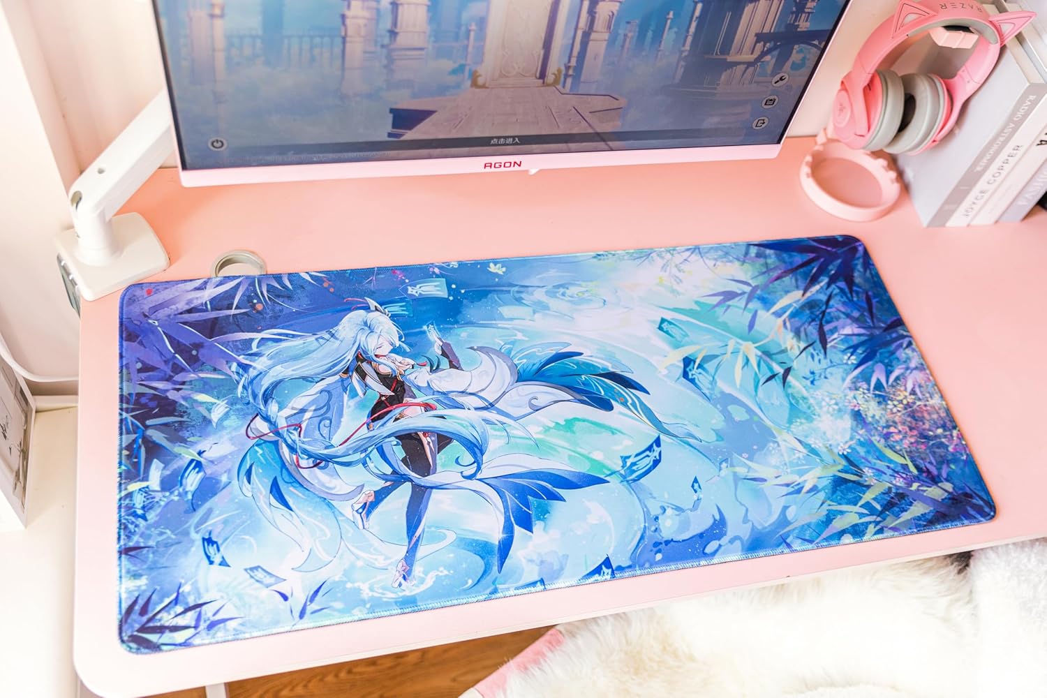 Premium Desk Pad, for Genshin Impact Shenhe, Smooth Surface, Durable Stitches Edges, Non-Slip Rubber Base, 35.4"x15.8"