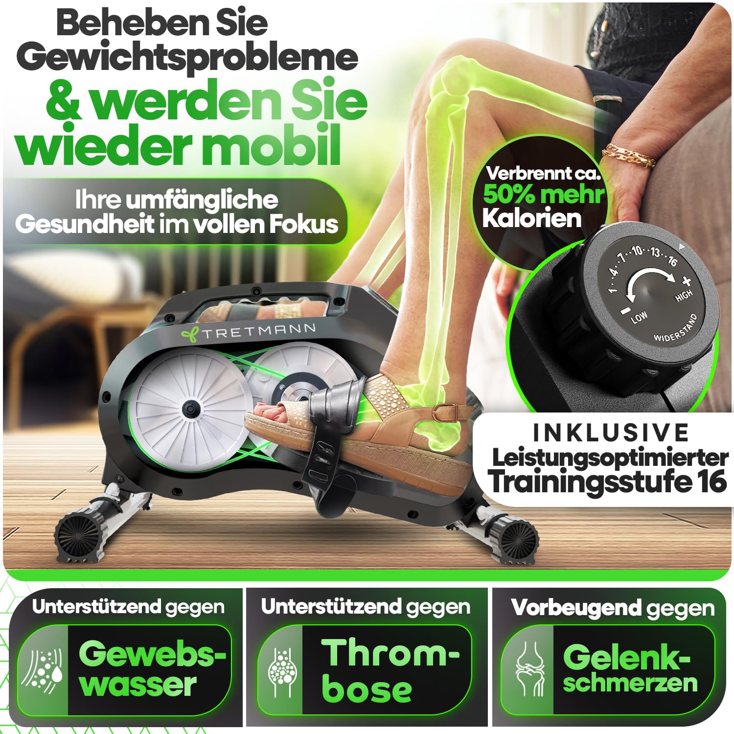 Tretmann Pedaltrainer Pro Set [Das Orginal] extra Leise & gelenkschonend + Anti-Rutsch-Matte & Befestigungsband -DEKRA Geprüft- Beintrainer für Senioren Heimtrainer senioren Mini Bike tischfahrrad