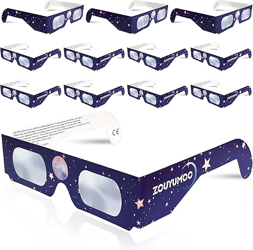 ZOUYUMOO Paquete de 12 gafas de papel Eclipse ISO 12312-2 2015 (E) y CE certificadas gafas de eclipse solar de papel, visión de eclipse solar de