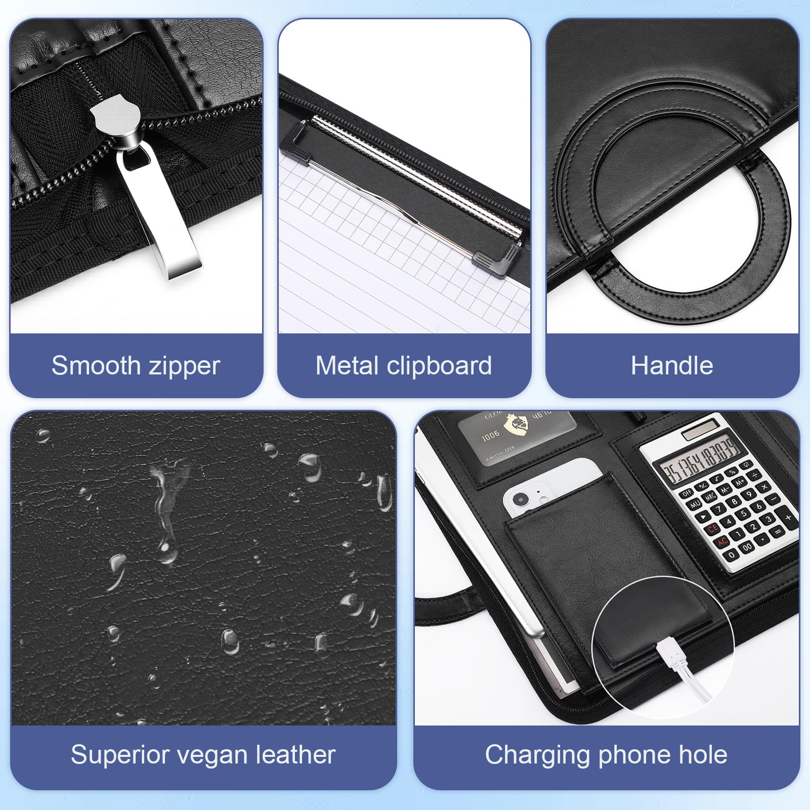 Cartella business in pelle vegana di alta qualità con chiusura lampo, organizer Padfolio per donna e uomo, mappa con scomparto per carte, blocco per appunti e scomparto per carte per affari, scuola e