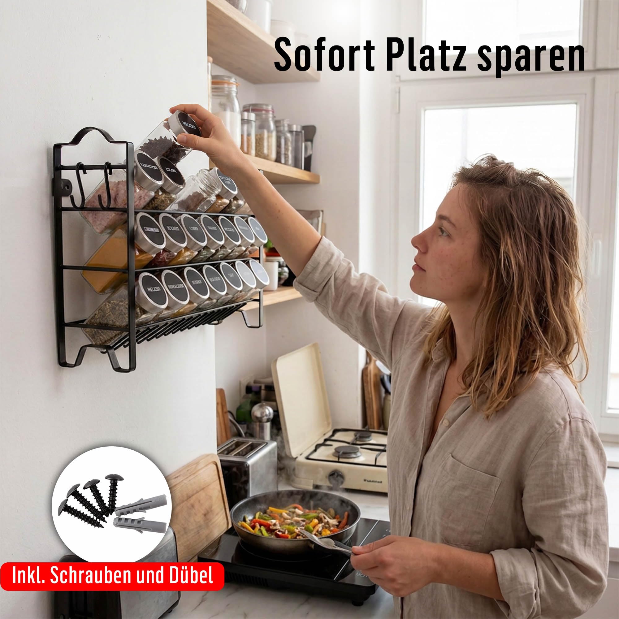Deco haus® Gewürzregal Stehend & Wand [MIT GEWÜRZDOSEN & ETIKETTEN] - Spices Gewürz Organizer - Spice Rack - Gewürzständer - Gewürzregalsystem Hängend - Gewürzaufbewahrung - Gewürzgläser mit Regal