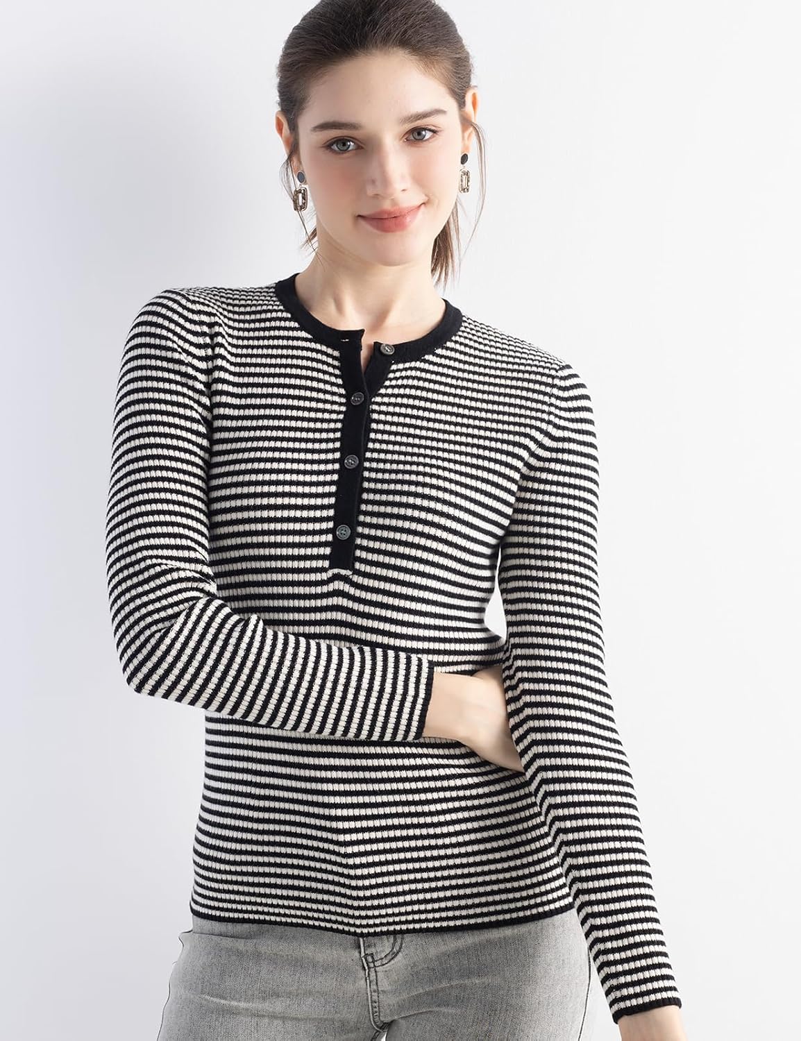 Women's Merino Wool Blend Sweater 2025 Fall Winter Crew Neck Striped Slim Fit Long Sleeve Knit Pullover with Button - Image 5