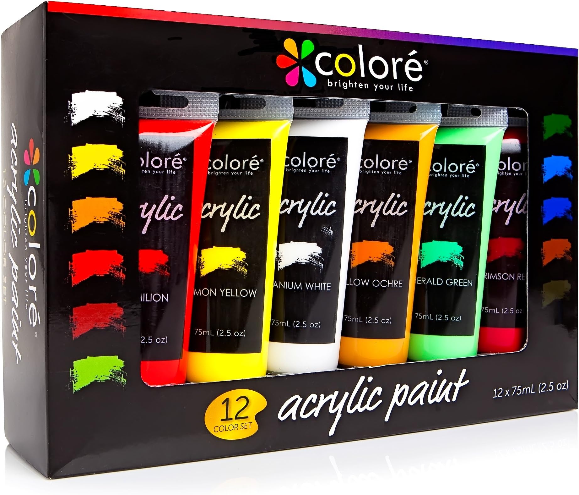 Colore Acrylic Paint Studio Set – Professional Grade Painting Kit For Painting Canvas, Clay, Fabric, Nail Art, Ceramic & Crafts - Great For Kids & Adults – 12 Extra Large, 75 mL (2.5 oz) Tubes