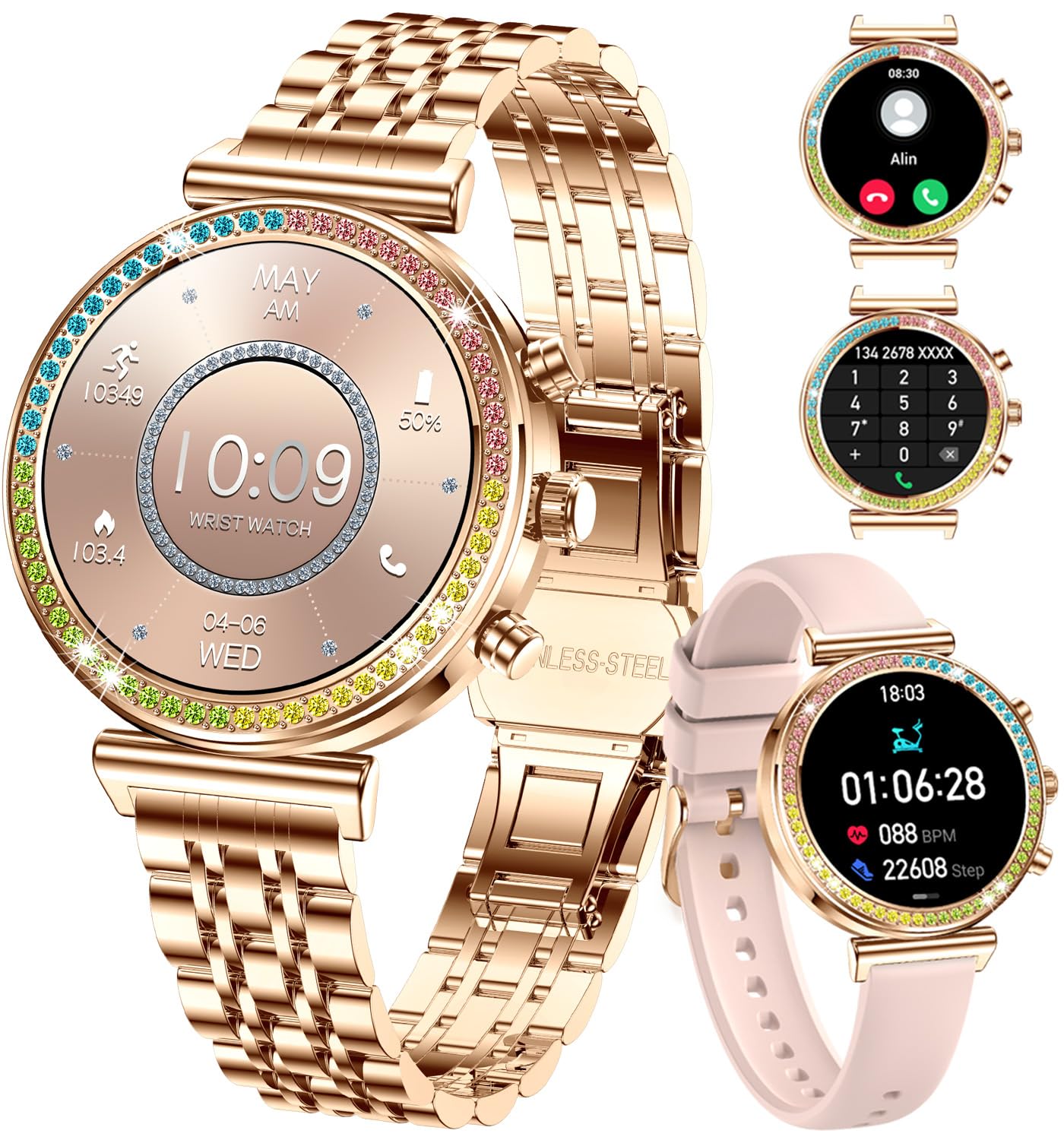 Reloj inteligente de fitness para mujer, pantalla HD de 1.25 pulgadas, llamadas Bluetooth, reloj inteligente deportivo impermeable para mujer, monitor de frecuencia cardíaca, podómetro,
