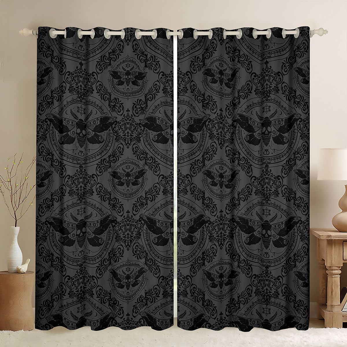 Homemissing Boho Moth Damask Floral Curtains(2 Panels,W46*L54) For Kids Boys Girls Death Moth Blackout Darkening Drapes Gothic Goth Skull Window Curtains Jacquard Window Treatments