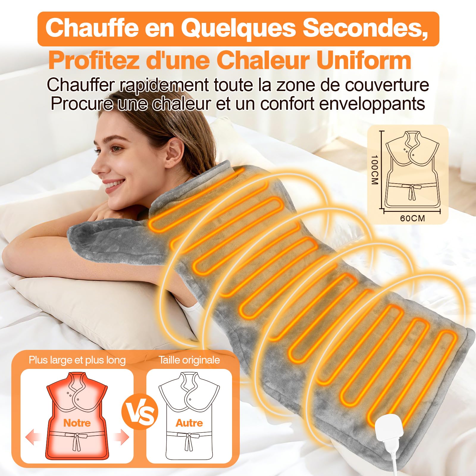 Coussin Chauffant dos Electrique Epaule et Nuque 60×100cm, 9 Niveaux de Chaleur, 4 RéGlages de Minuterie d'arrêt Automatique, Chauffage Rapide, Chauffe-dos, Flanelle, Lavable en Machine