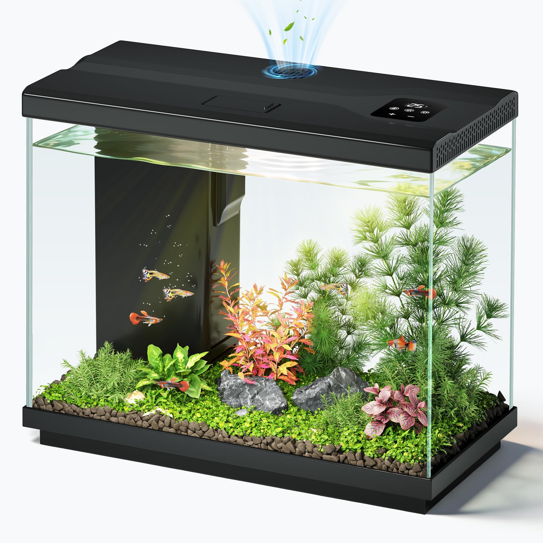 8.3L Kampffisch Aquarium mit 4-in-1 leiser Pumpe & Surface Skimmer, Nano Aquarium Komplettset mit Temperaturanzeige, 8-Farben-Beleuchtung, für Zuhause und Büro (Schwarz, 8.3L)