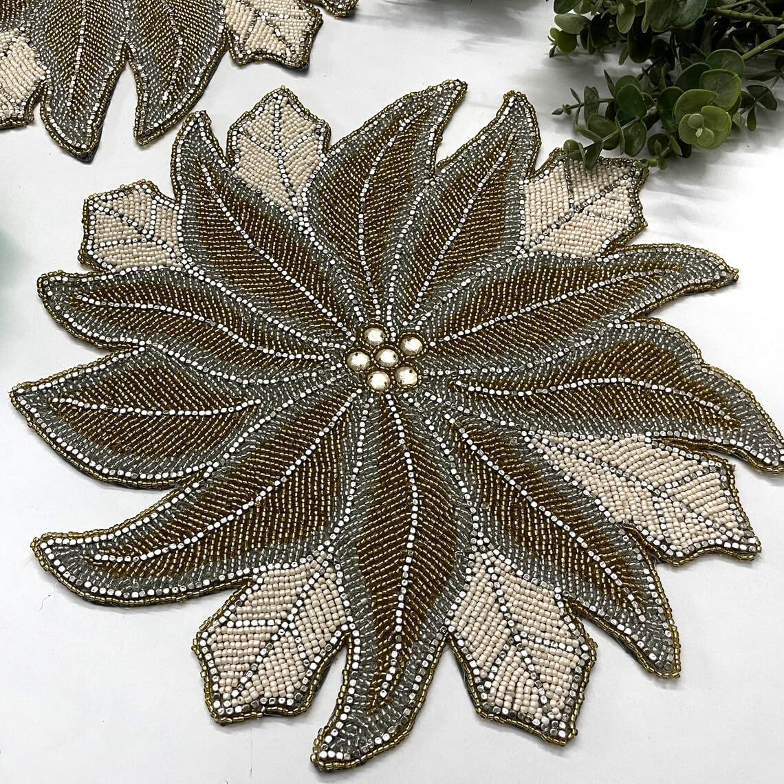 Enliven Christmas Poinsettia Beaded placemat, Cream, Gold and Silver, Gift for her, Christmas placemat | Set of 2