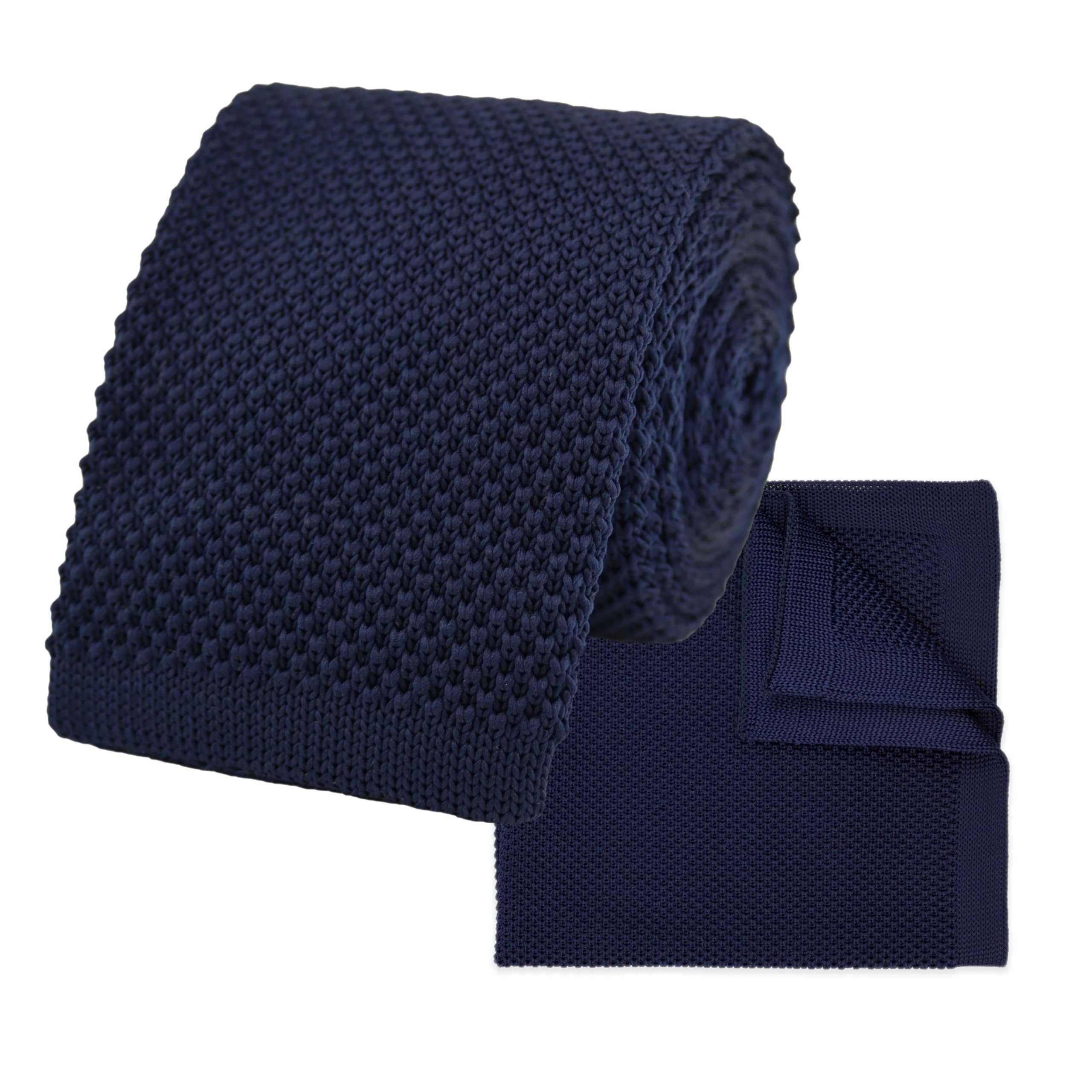 THE GENTS LAB 100% Polyester Square End Knitted Tie & Pocket Square Sets - Many Colours (Navy Blue)