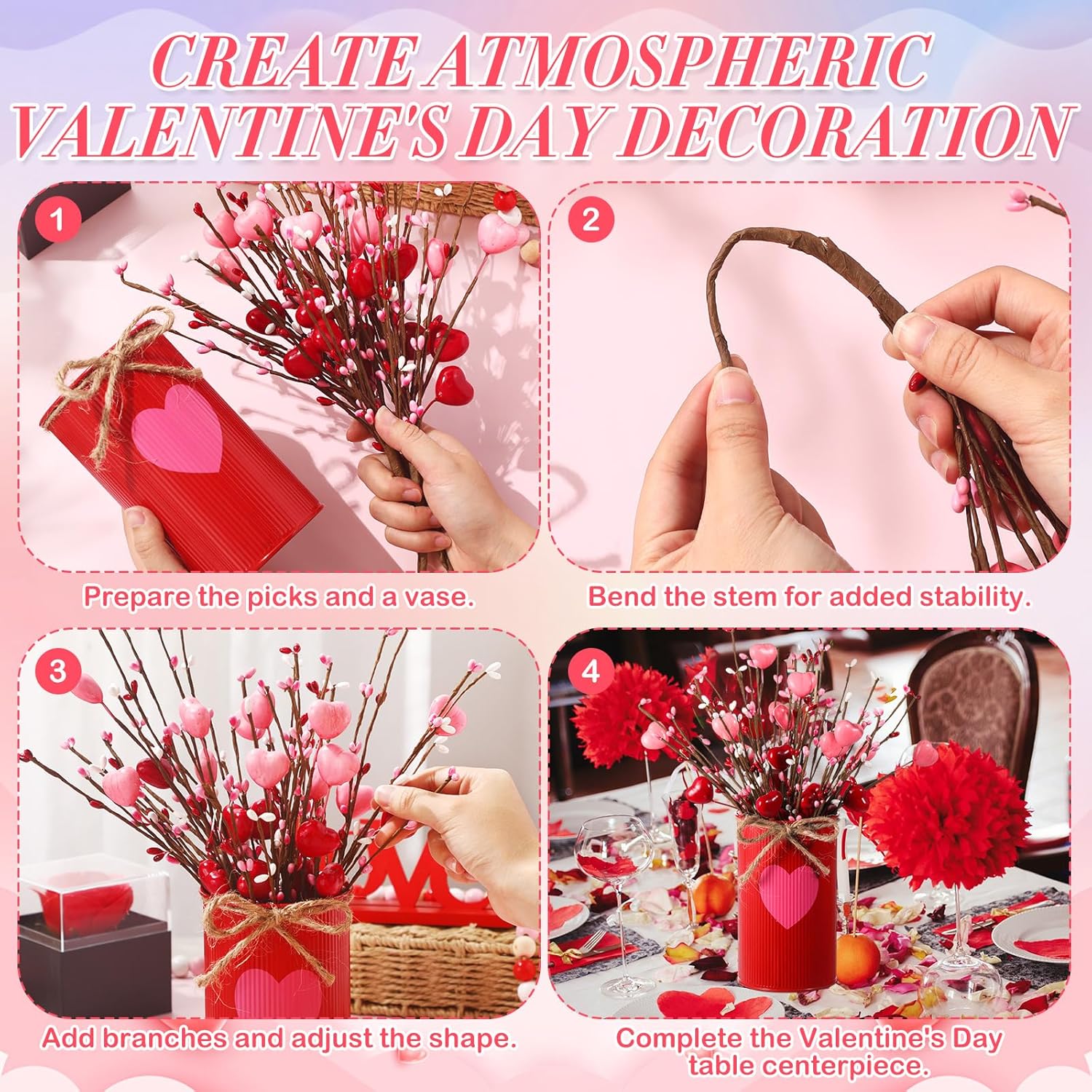 SiliFine Valentine's Day Table Centerpiece Decor Romantic Artificial Flower Stems Floral Heart Shaped Berry Picks with Metal Pots for Wedding Party Hotel Office Home Decoration (Red and Pink)