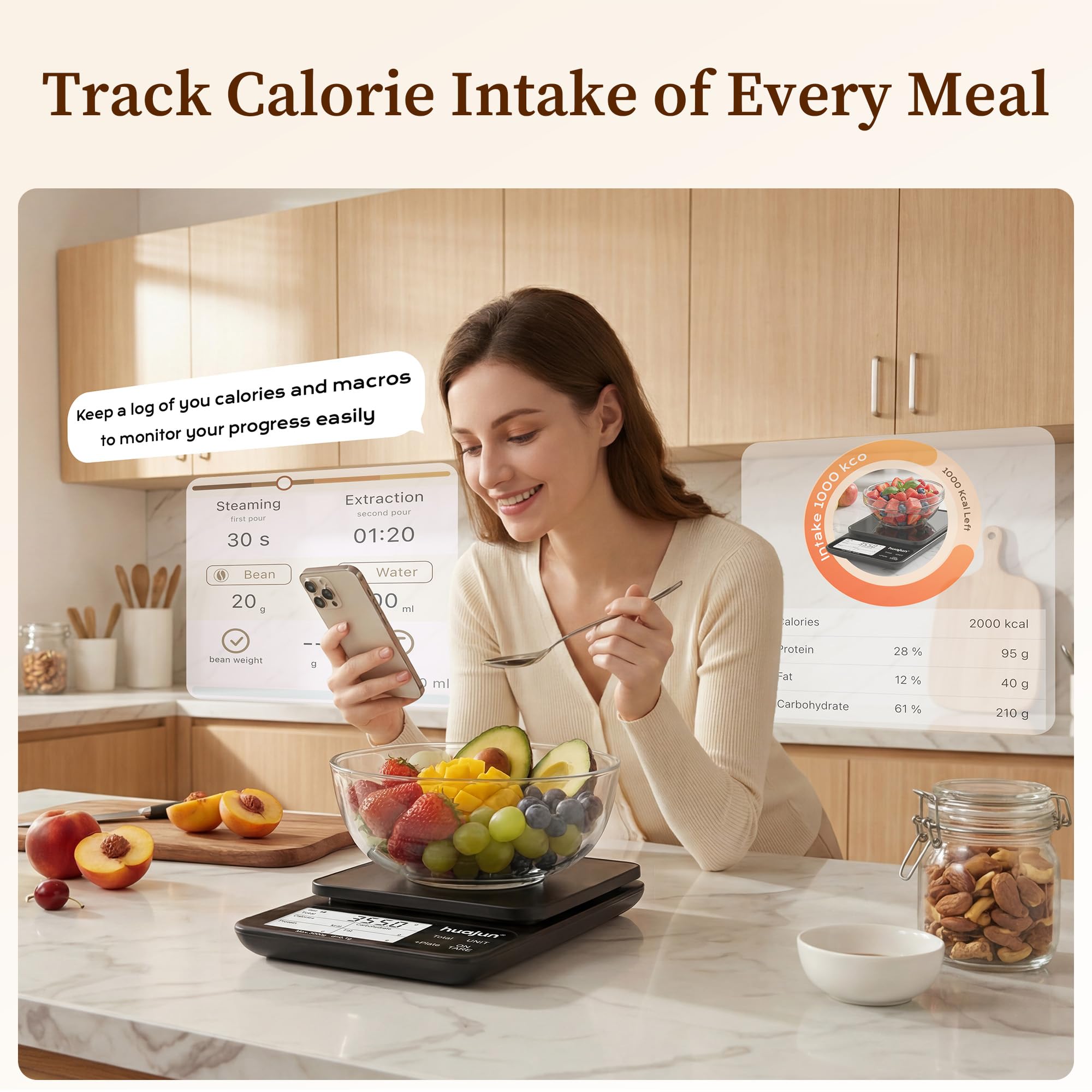 Küchenwaage Digital mit Nährwertberechnung, 5kg/0,1g Küchenwaage Bluetooth mit Kalorienzähler, App Smart Scale mit 30 Nährstoffe, Ernährungswaage mit LCD-Display für Gewichtsverlust,Fitness (grau)