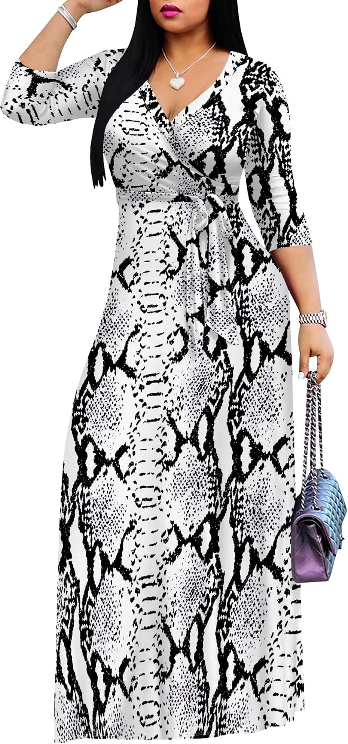 Womens Print Maxi Dresses 3/4 Sleeves Flowy Long Dress V Neck Wrap Tie Waist Sundress(Colorful26 M) - Image 2