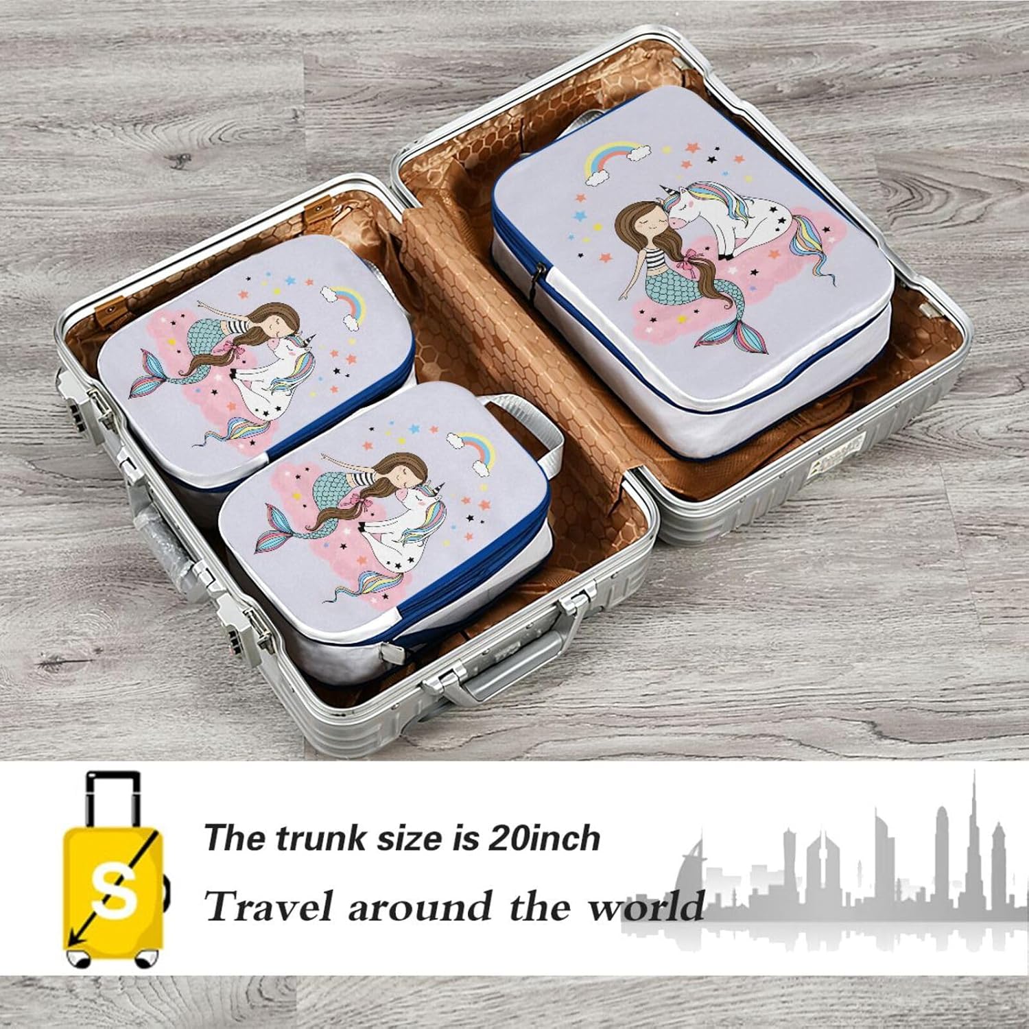 MNSRUU Packing Cubes Cute Unicorn Mermaid Girl Compression Luggage Cubes Packing Bags Travel Organizer for Suitcases, 3 PCS