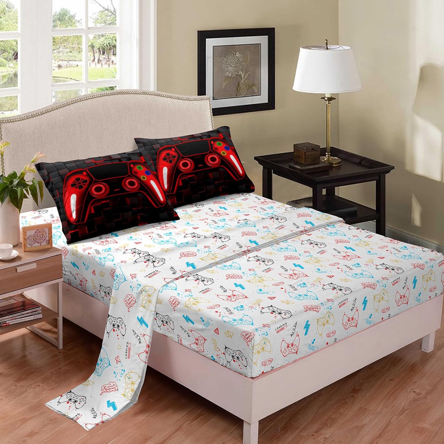 Peopleareok 6 Piece Gaming Comforter Sets Queen, 3D Red Game Controller Design Queen Comforter Bed in A Bag Video Game Bedding, Soft Microfiber Gaming Bedding Set for Boys Kids All Season