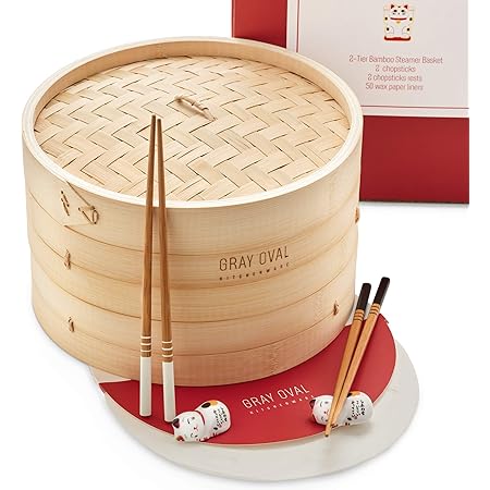 Gray Oval - 10 inch Bamboo Steamer Basket 2-Tier (2 Pairs of Chopsticks & 2 Holders, 50 Paper Liners) - Bamboo Dumpling Steamer Basket, Steam Basket for Cooking, Bao Bun Steamer