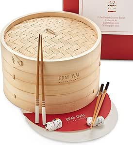 Gray Oval - 10 inch Bamboo Steamer Basket 2-Tier (2 Pairs of Chopsticks &amp; 2 Holders, 50 Paper Liners) - Bamboo Dumpling Steamer Basket, Steam Basket for Cooking, Bao Bun Steamer