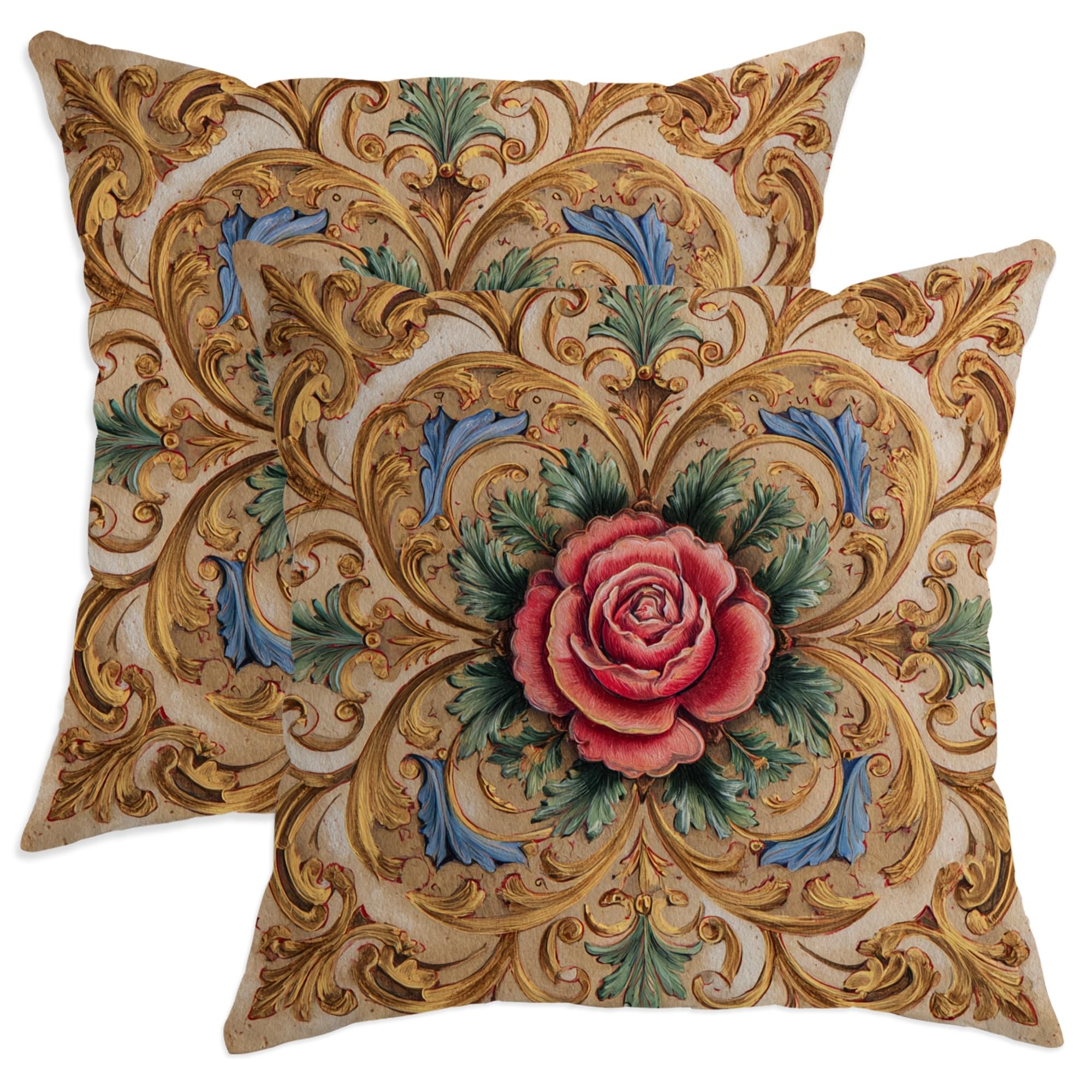 Vintage Floral Throw Pillow Covers Set of 2, Red Rose Decorative Cushion Cases, Elegant Home Sofa Bedroom Decor for Spring Festivities 12x12 Inch