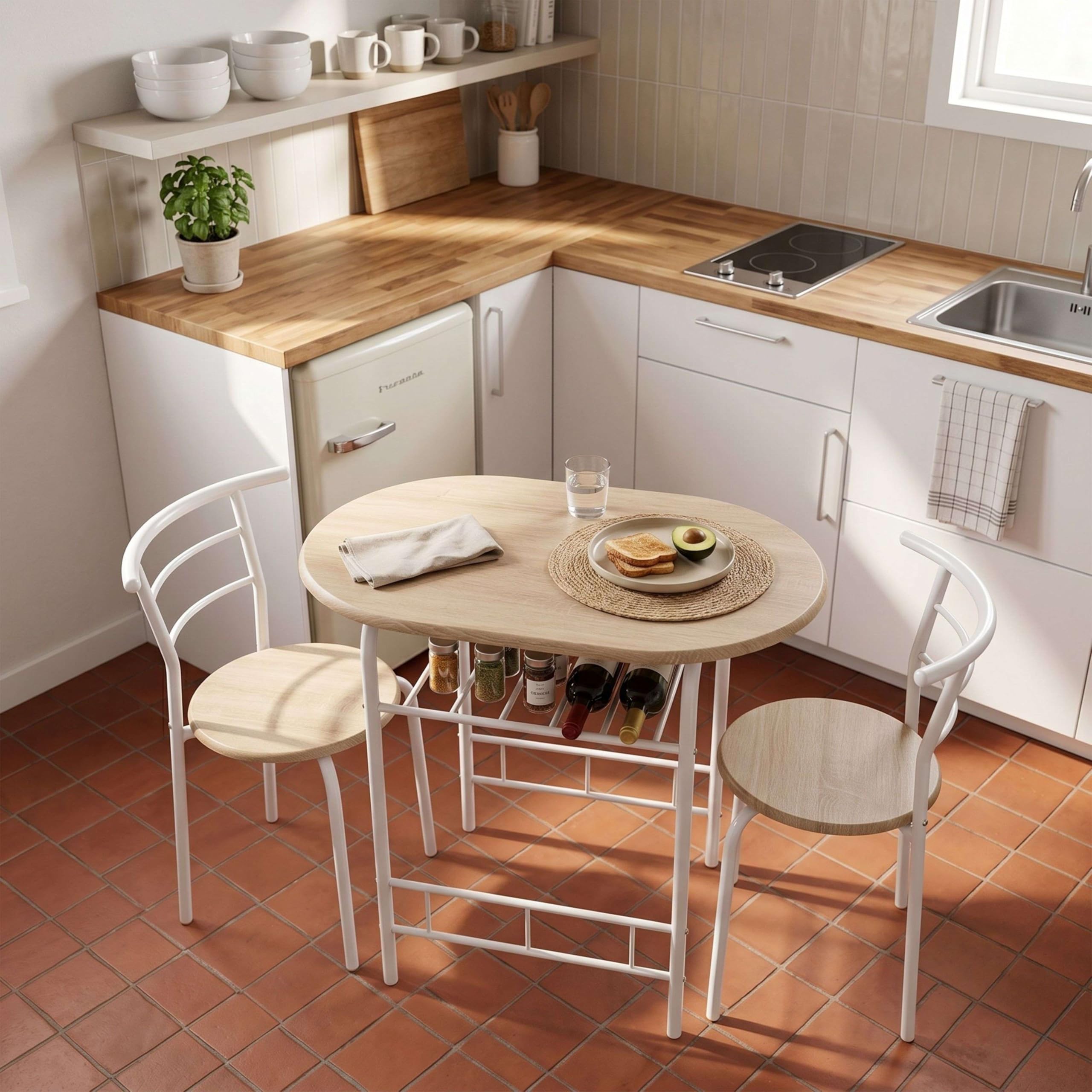 Miroytengo Juego de Mesa y 2 Sillas Cocina Butterfly Fija, Mesa Fija, Melamina Color Blanco y Roble Sonoma