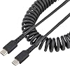 Heavy Duty USB-C Cable, 1m Coiled Extended, Aramid Fiber Reinforced, Male to Male, USB 2.0 Type-C Cable, Type C Charging, Curl Cord, Black