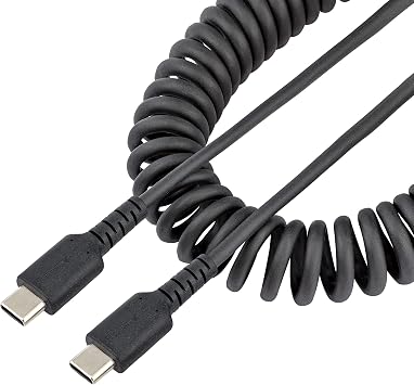 Heavy Duty USB-C Cable, 1m Coiled Extended, Aramid Fiber Reinforced, Male to Male, USB 2.0 Type-C Cable, Type C Charging, Curl Cord, Black