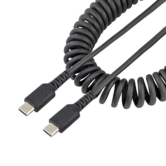 3ft 1m USB C Charging Cable, Coiled Heavy Duty Fast Charge & Sync USB-C Cable, USB 2.0 Type-C Cable, Rugged Aramid Fiber, Durable Male to Male USB Cable, Black R2CCC-1M-USB-CABLE