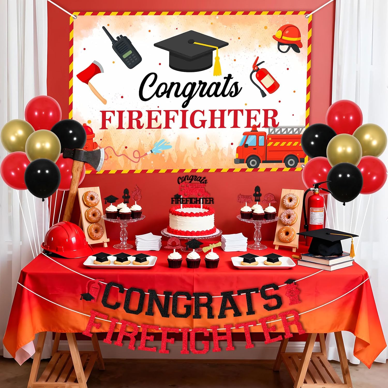 Firefighter Graduation Party Decorations Congrats Firefighter Backdrop Banner with Red Black Balloons Cake Cupcake Topper Picks Fire Academy Graduation Supply for Future Fireman Grad Party