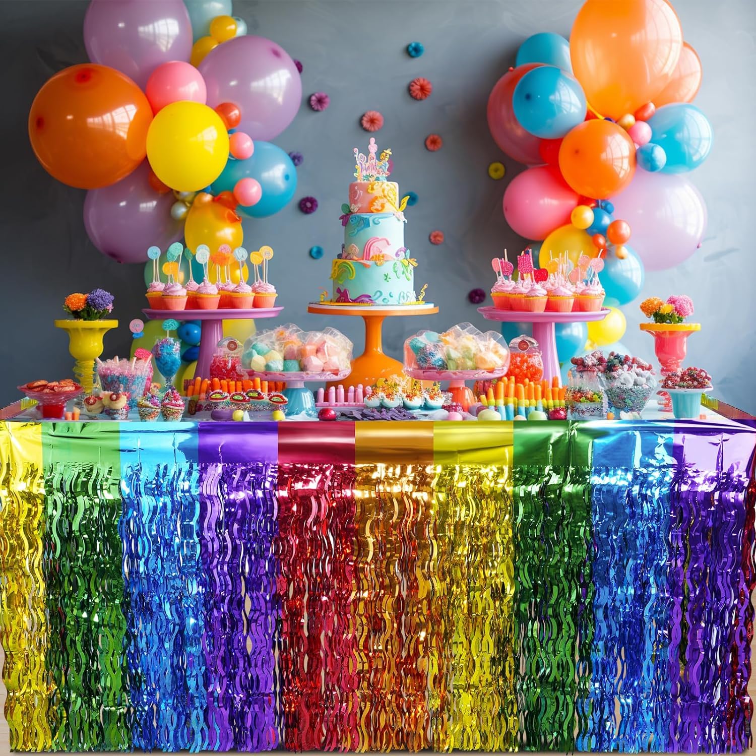 2 Pack Wavy Metallic Tinsel Foil Fringe Table Skirts, Rainbow Party Table Decorations, for Rainbow Party Birthday Wedding Engagement Bridal Shower Party Supplies