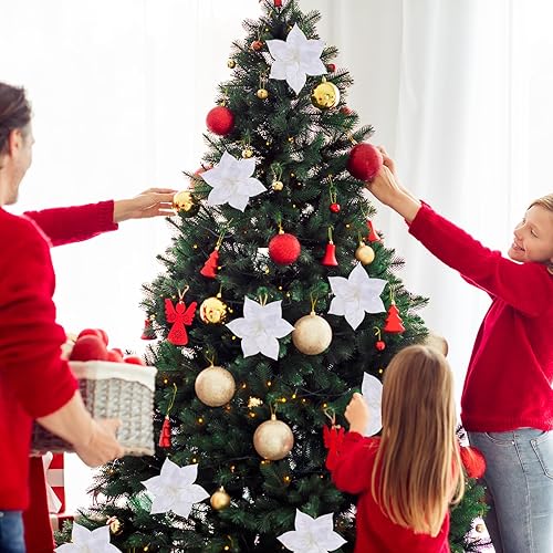 Miniatura 4 de CEWOR 12 flores de Pascua artificiales de franela para árbol de Navidad, flores con clips y tallos para bodas, fiestas, árbol de Navidad, 6.7